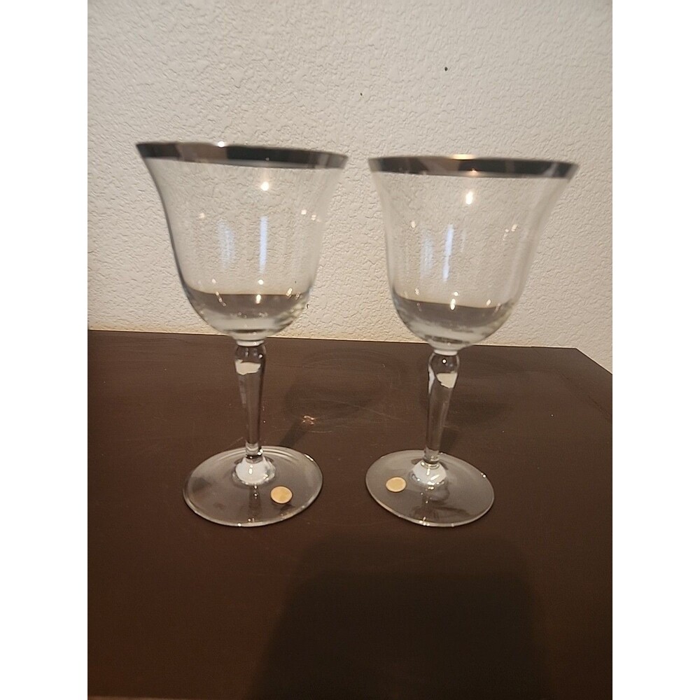 Vintage Crystal Wine Goblets Silver Rim Set of 2 Large Water Glasses MCM Pair
